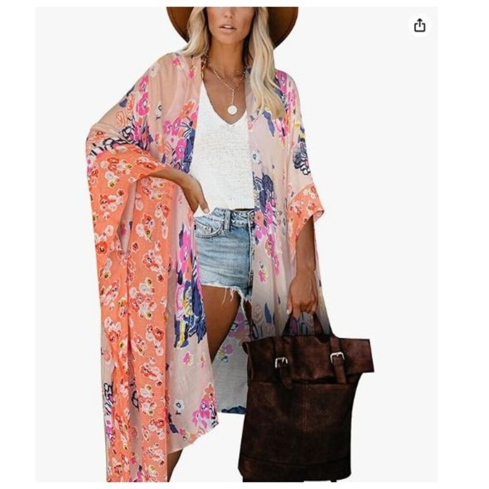 Moss Rose Women's Beach Cover up Swimsuit Kimono with Floral Print Peach Floral